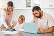 © Clement C/peopleimages.com - Student writing homework in book with mother, people looking stressed working on tech laptop and family suffering with quarantine stress. Parent teaching girl education and man sitting with headache