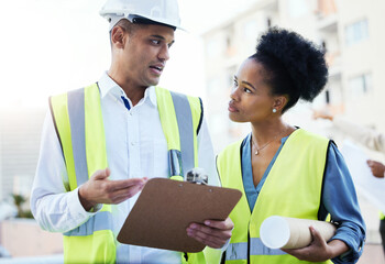 Aufkleber - Engineer, Latino man and black woman outdoor, blueprints and discussion for deadline, schedule and new project. Architecture, male employee an female manager with paperwork, clipboard or conversation