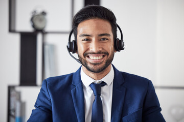 Poster - Customer service portrait, happiness and business man consulting on technical support, telecom or ecommerce. Telemarketing communication, face and corporate person happy in call center administration