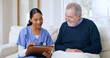 © Charlize D/peopleimages.com - Nurse, elderly happy man and woman writing questionnaire answers, client feedback or nursing home patient assessment. Consultation service, retirement and caregiver test, exam or medical survey notes