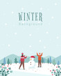 Korean winter background with snowman and two girl