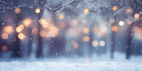 Dreamy soft Christmas background with a magical sparkling bokeh of party lights in a misty dreamy background over snow with copy space, generative ai