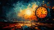 © Wirestock - Striking clock symbolizing time's march set against a vibrant background, AI-generated.