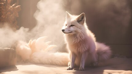 AI generated illustration of a majestic white fox standing in a dusty environment