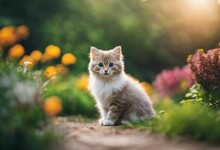 AI Generated Illustration Of A Cute Fluffy Kitten Sitting In A Garden