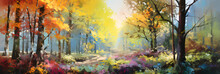 Colourful Impressionist Painting Of The Woodland Landscape, A Picturesque Forest Environment In Bright Colours