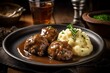 AI-generated illustration of a plate of meatballs and puree with a delicious sauce.