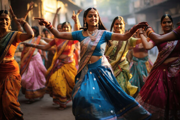 Wall Mural - Young indian woman in traditional saree and get dancing