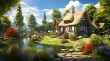 Idyllic Countryside Landscape With Traditional Thatched Cottage, Flourishing Flowers And Serene Pond With Stone Path. Rural Tranquility And Nature.