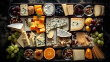 AI Generated Illustration Of A Serving Tray With A Variety Of Cheeses And Fruits In Small Dishes