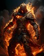 AI generated illustration of a knight holding a sword surrounded by flames