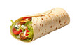 Tortilla wrap with fried chicken meat and vegetables isolated on transparent background
