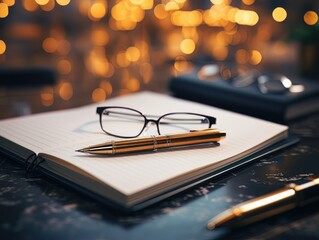 Wall Mural - Notepad, pen and glasses on wooden desk AI