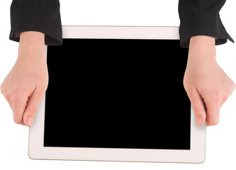 Canvas Print - Digital png photo of hands of caucasian businesswoman holding tablet on transparent background