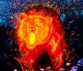  A fiery bear walks through the woods at night and roars