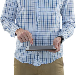Poster - Digital png photo of caucasian man using tablet on transparent background