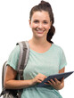 Digital png photo of caucasian female student holding tablet on transparent background