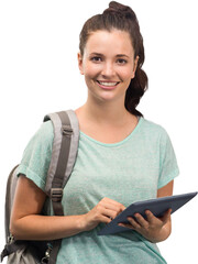 Poster - digital png photo of caucasian female student holding tablet on transparent background
