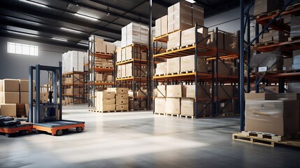 Leinwandbilder - warehouse interior with shelves, pallets and boxes : Generative AI