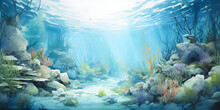 Watercolour Painting Of The Underwater Ocean Reef Landscape, A Picturesque Natural Environment In Soft Harmonious Colours
