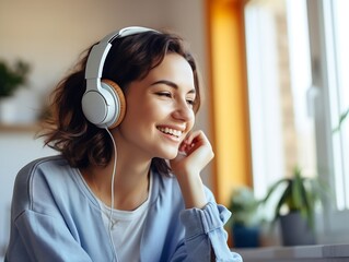 Poster - Caucasian beautiful woman smiling at home in headphones . Short brunette hair young girl wearing blue jeans listen music at home. Use technology, lifestyle concept : Generative AI