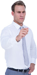 Poster - Digital png photo of caucasian businessman with hand up on transparent background