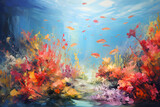 Fototapeta Natura - colourful impressionist painting of the underwater ocean reef landscape, a picturesque natural environment in bright colours