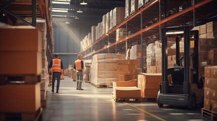 Poster - Retail Warehouse full of Shelves with Goods in Cardboard Boxes, Workers Scan and Sort Packages, Move Inventory with Pallet Trucks and Forklifts. Product Distribution Delivery Center. : Generative AI