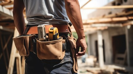 Aufkleber - Close-up building engineer with toolbelt going to do inner works in house : Generative AI