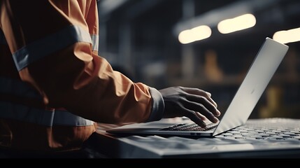 Close Up on Hands of a Professional Heavy Industry Engineer Wearing Safety Uniform and Using Laptop Computer. African American Industrial Specialist Standing in a Metal Construction Ma : Generative AI