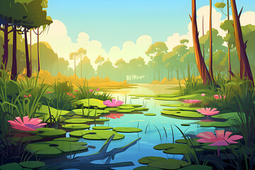 Wall Mural - colourful cute and simple painting of the swamp landscape, a picturesque natural environment in bright colours