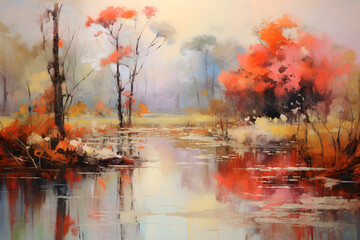 colourful impressionist painting of the swamp landscape, a picturesque natural environment in harmonious colours