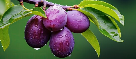 Poster - Fresh plums hanging on a tree branch adorned with water droplets against a lush green backdrop