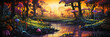 colourful cartoon style painting of the swamp landscape, a picturesque natural environment in bright colours
