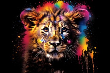 Sticker - Impressive young lion predatory beast color painting motif, cool t-shirt pattern for printing, Animal that hunts its prey and eats its meat. Generative AI, Isolated on black background