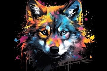 Wall Mural - Impressive wolf predatory beast color painting motif, cool t-shirt pattern for printing, Animal that hunts its prey and eats its meat. Generative AI, Isolated on black background