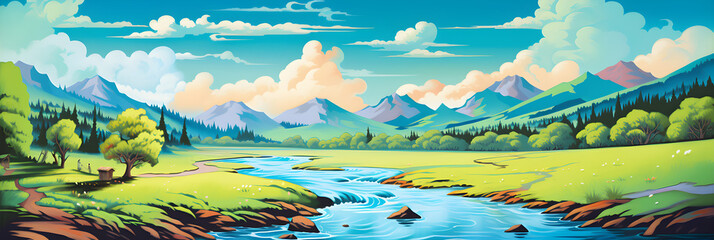 Wall Mural - colourful cartoon style painting of the river landscape, a picturesque natural environment in bright colours