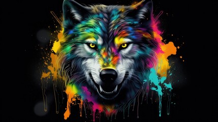 Wall Mural - Impressive wolf predatory beast color painting motif, cool t-shirt pattern for printing, Animal that hunts its prey and eats its meat. Generative AI, Isolated on black background