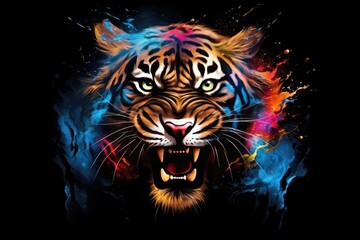 Wall Mural - Impressive predatory beast color painting motif, cool t-shirt pattern for printing, Animal that hunts its prey and eats its meat. Generative AI, Isolated on black background