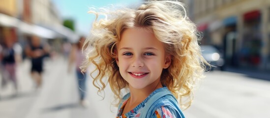 Sticker - A young girl with blond hair displayed her beauty in a portrait set against the backdrop of a sunny street during summer