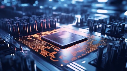 Leinwandbilder - Shot of Computer Processor Production Line at Advanced Semiconductor Foundry in Bright Environment. Microchip Factory. : Generative AI