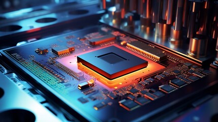 Leinwandbilder - Close-up of Silicon Die are being Extracted from Semiconductor Wafer and Attached to Substrate by Pick and Place Machine. Computer Chip Manufacturing at Fab. Semiconductor Packaging Pr : Generative AI
