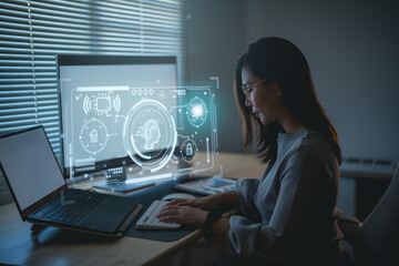 woman using laptop and touch virtual digital ai network chain. digital transformation change managem