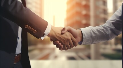 Poster - Young engineer caucasian man handshake with partner while negotiation about agreement success together at construction site, architect and partnership deal and shaking hands for develo : Generative AI