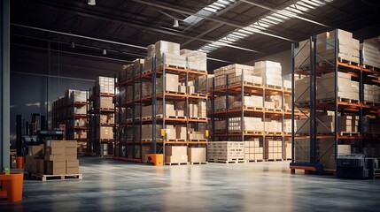Leinwandbilder - warehouse interior with shelves, pallets and boxes : Generative AI