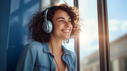 Poster - Caucasian beautiful woman smiling at home in headphones . Short brunette hair young girl wearing blue jeans listen music at home. Use technology, lifestyle concept : Generative AI