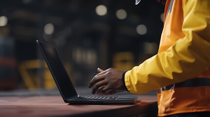 Leinwandbilder - Close Up on Hands of a Professional Heavy Industry Engineer Wearing Safety Uniform and Using Laptop Computer. African American Industrial Specialist Standing in a Metal Construction Ma : Generative AI