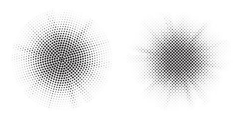 Poster - Halftone circle frame background set. Round border Icon using halftone random circle. Grunge circular stain. Vector illustration.	