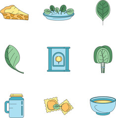 Poster - Spinach salad leaves vegetables icons set. Outline illustration of 9 spinach salad leaves vegetables vector icons thin line color flat on white
