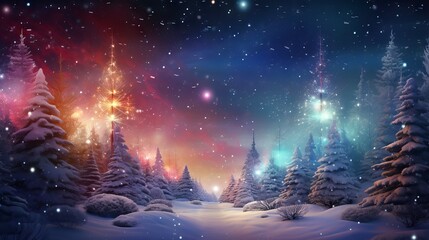 Wall Mural - christmas night in a magical winter forest with colorful fireworks and snowflakes, 3d rendering
